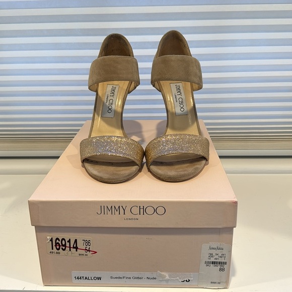 JIMMY CHOO suede/ fine glitter heels Nude color/ subtle gold glitter - Picture 4 of 6
